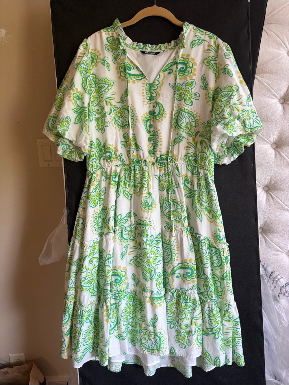 White Midi Dress with Green Floral Print and V-Neck